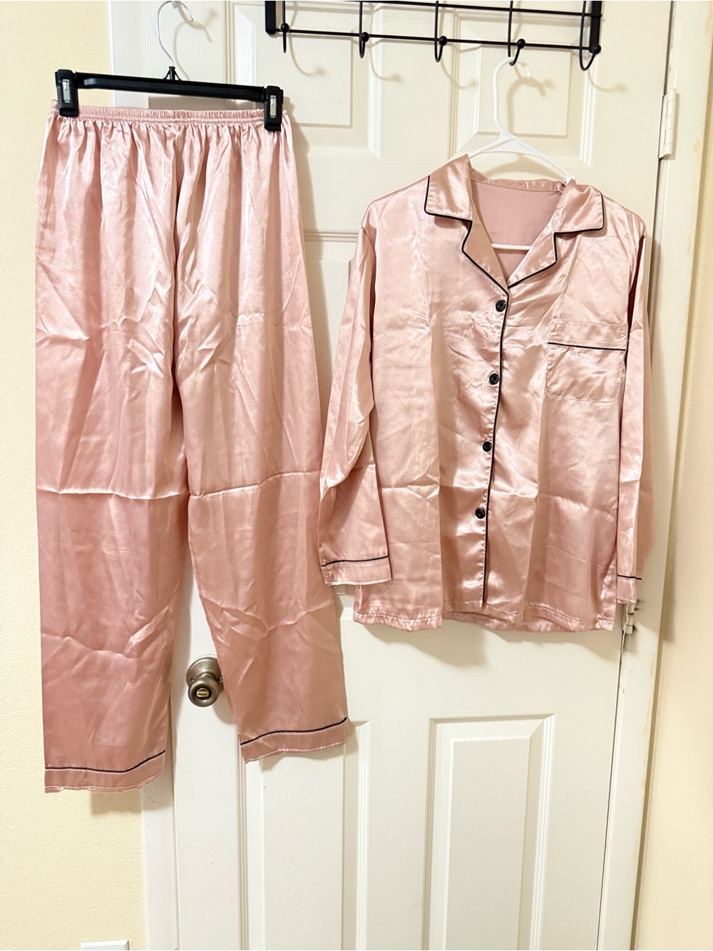 Women's Satin Pajama Set in Blush Pink with Black Piping